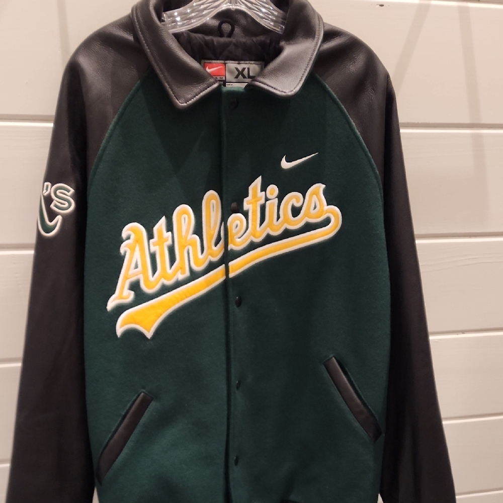 Nike Team MLB Oakland Athletics Varsity Jacket Wool/Leather Black/Green, Mens XL